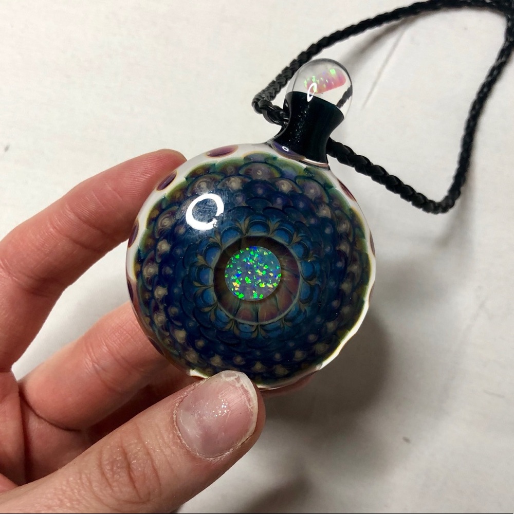 Handmade glass heady pendant with real opals